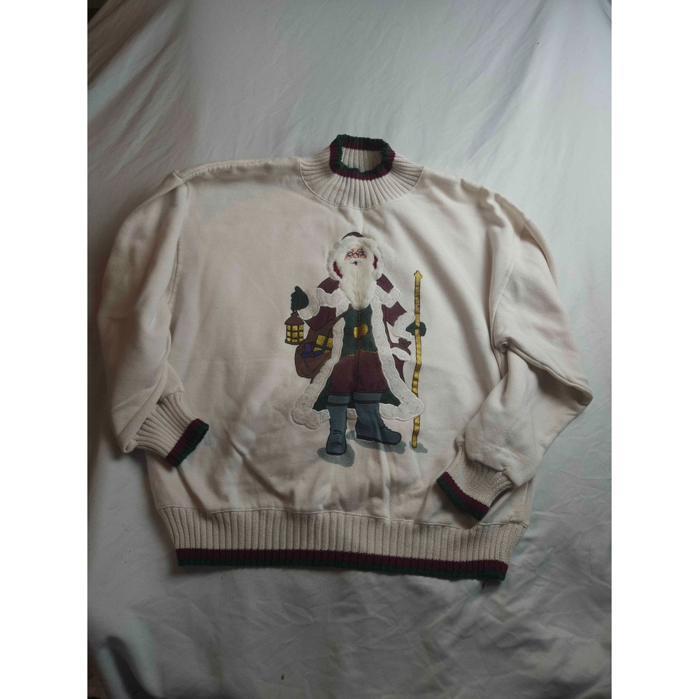 Sports Accent Santa Claus Sweatshirt Mens XL White Vintage Christmas Puffy Print